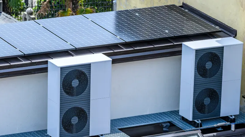 Zwei Wärmepumpen unter einer Photovoltaikanlage als Komplettsystem